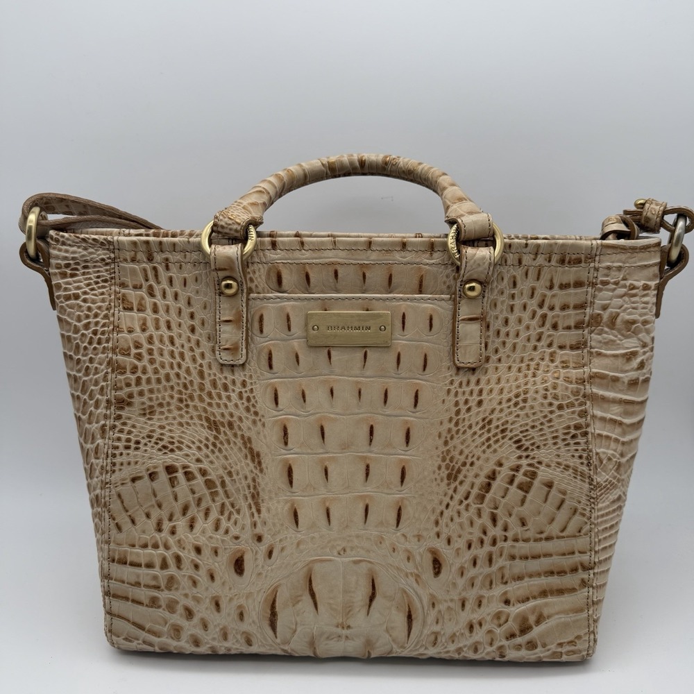 Brahmin Mini Arno Croc Embossed Leather Satchel Shoulder Bag Beige Tan